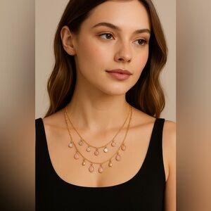 Two-Layer Gold Necklace with Pink & Pearl Charms